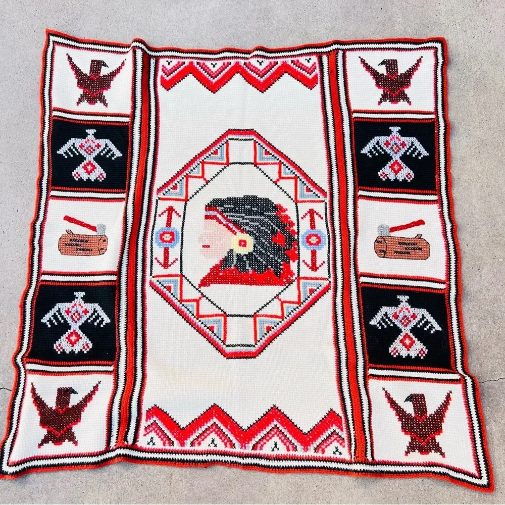 VINTAGE NATIVE AMERICAN PATCHWORK KITSCHY 60’s CROCHET THROW BLANKET